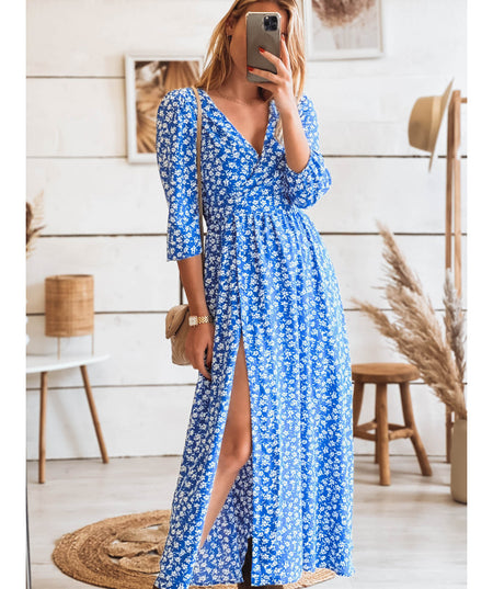 Printed Slit Long Chiffon A-line Dress - ANIBEY