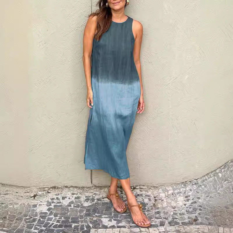 Summer Fashion Round Neck Sleeveless Color Matching Tencel Dress - ANIBEY