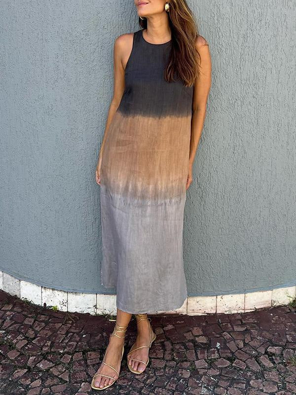 Summer Fashion Round Neck Sleeveless Color Matching Tencel Dress - ANIBEY