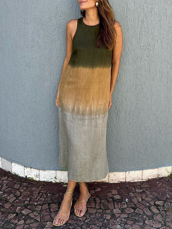 Summer Fashion Round Neck Sleeveless Color Matching Tencel Dress - ANIBEY
