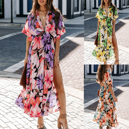 Summer New Hot Girl Fashion Printed Deep V Split Dress For Women - ANIBEY