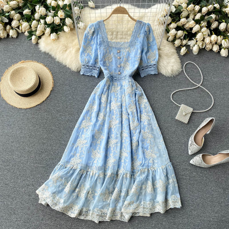 Women's Vintage Heavy Duty Embroidered Lace Square Neck Slim Fit Mid Length Ruffle Dress - ANIBEY