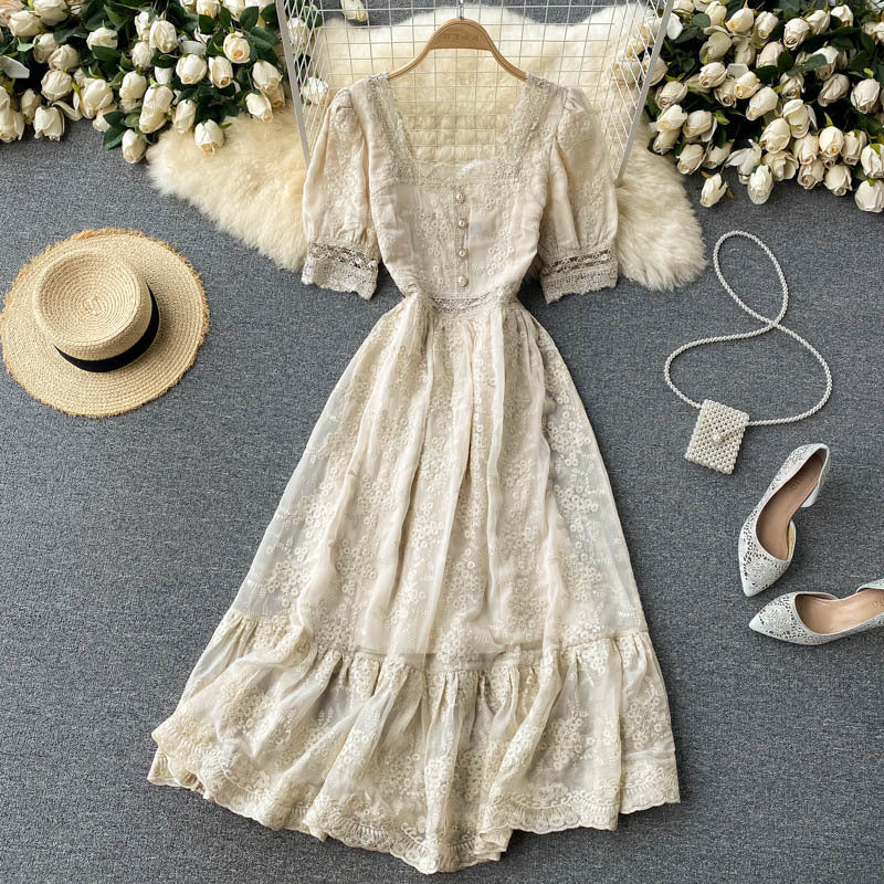 Women's Vintage Heavy Duty Embroidered Lace Square Neck Slim Fit Mid Length Ruffle Dress - ANIBEY