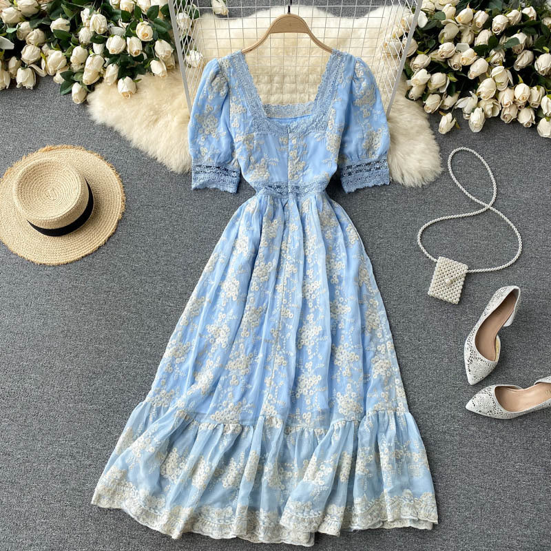 Women's Vintage Heavy Duty Embroidered Lace Square Neck Slim Fit Mid Length Ruffle Dress - ANIBEY