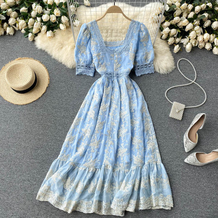 Women's Vintage Heavy Duty Embroidered Lace Square Neck Slim Fit Mid Length Ruffle Dress - ANIBEY