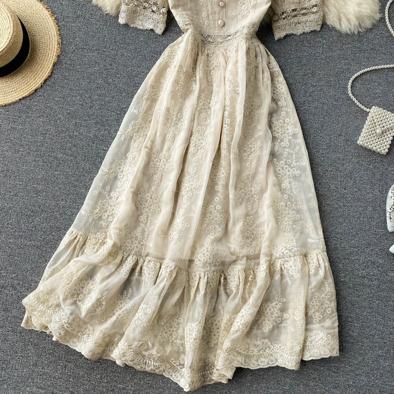 Women's Vintage Heavy Duty Embroidered Lace Square Neck Slim Fit Mid Length Ruffle Dress - ANIBEY
