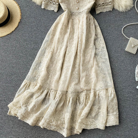 Women's Vintage Heavy Duty Embroidered Lace Square Neck Slim Fit Mid Length Ruffle Dress - ANIBEY