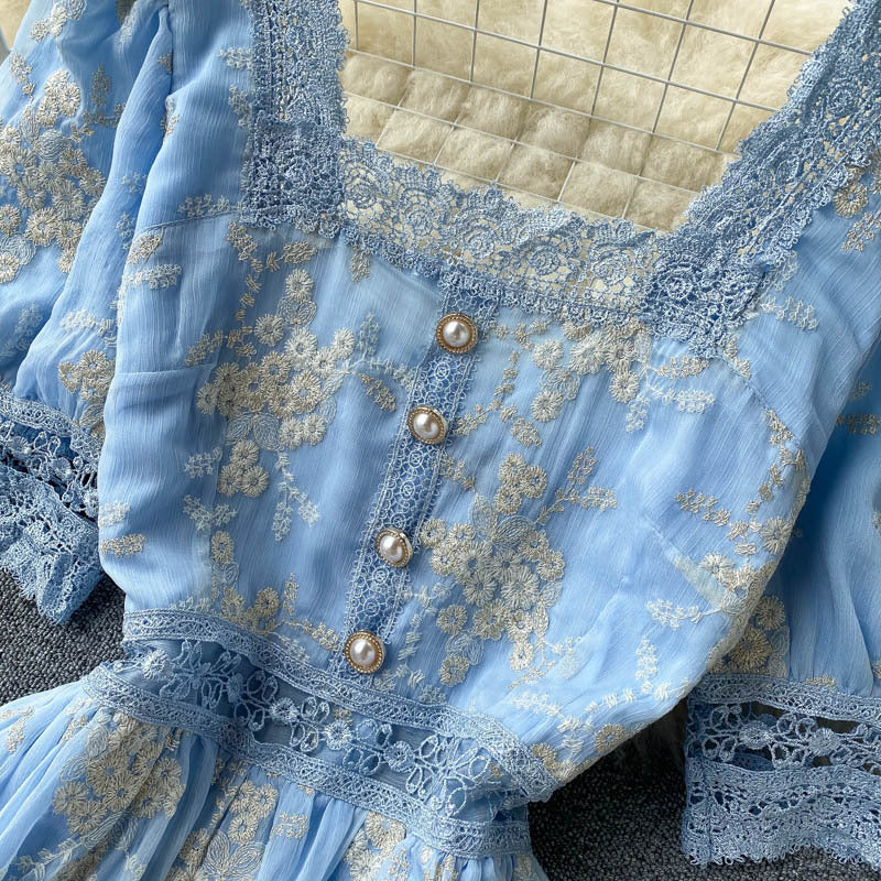 Women's Vintage Heavy Duty Embroidered Lace Square Neck Slim Fit Mid Length Ruffle Dress - ANIBEY