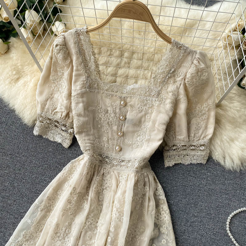 Women's Vintage Heavy Duty Embroidered Lace Square Neck Slim Fit Mid Length Ruffle Dress - ANIBEY