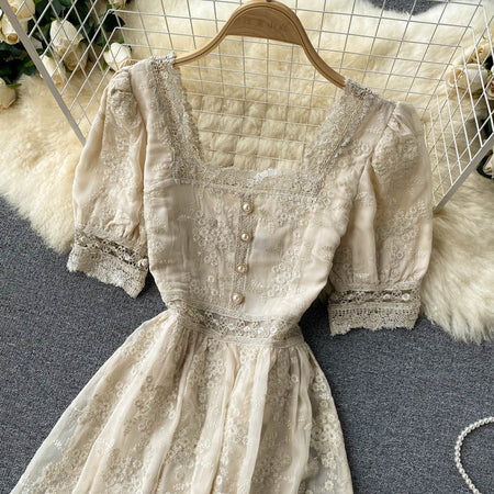 Women's Vintage Heavy Duty Embroidered Lace Square Neck Slim Fit Mid Length Ruffle Dress - ANIBEY