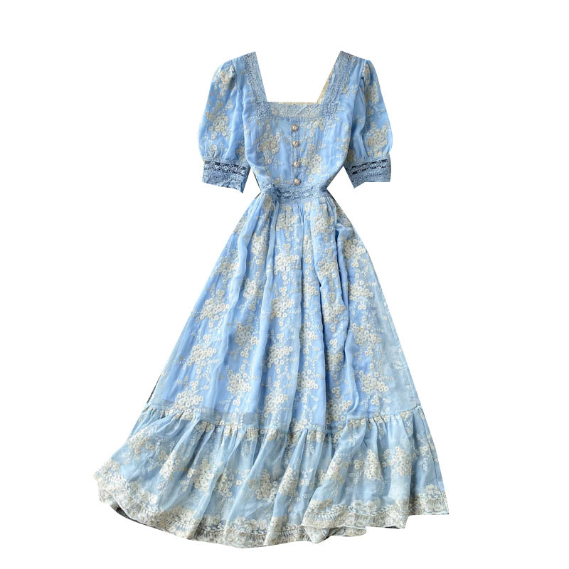 Women's Vintage Heavy Duty Embroidered Lace Square Neck Slim Fit Mid Length Ruffle Dress - ANIBEY