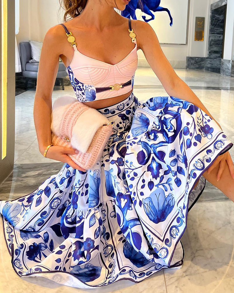 V's Mediterranean Blue Blue And White Porcelain Stitching Tube Top Two-piece Sling - ANIBEY