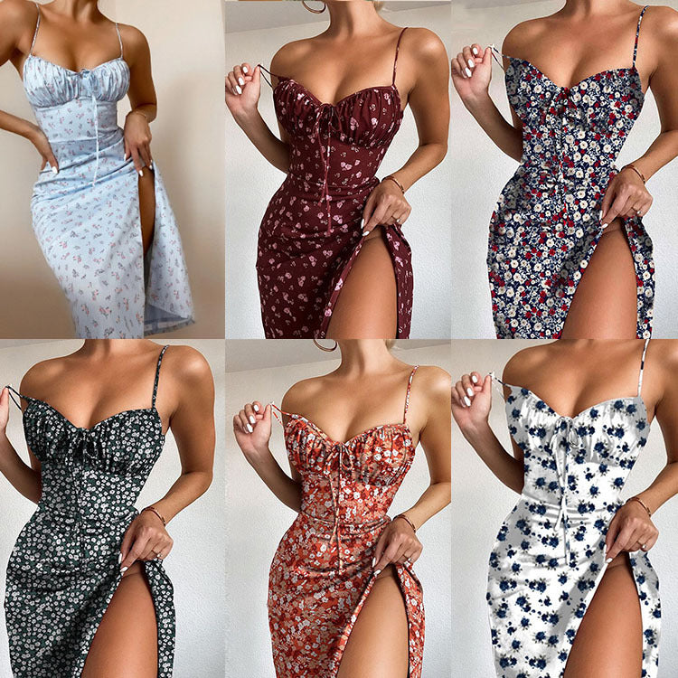 Sexy Printed Dress With Straps And Halter With Straps On Chest - ANIBEY