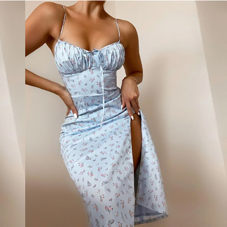 Sexy Printed Dress With Straps And Halter With Straps On Chest - ANIBEY