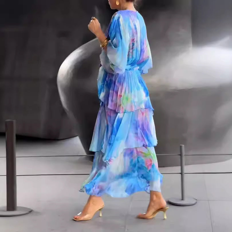 European And American Printing Layered Dress - ANIBEY