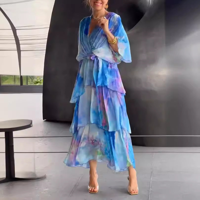 European And American Printing Layered Dress - ANIBEY
