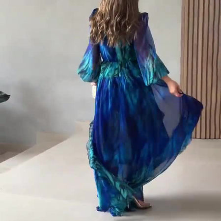 European And American Women's Clothing Fall V-neck Lantern Sleeve Printed Long Skirt High Waist Slim Temperament Floral Skirt - ANIBEY