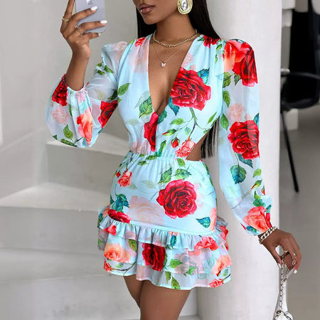 Fashion V-neck Fashion Women Hollow Out Printed Dress - ANIBEY