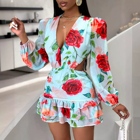 Fashion V-neck Fashion Women Hollow Out Printed Dress - ANIBEY