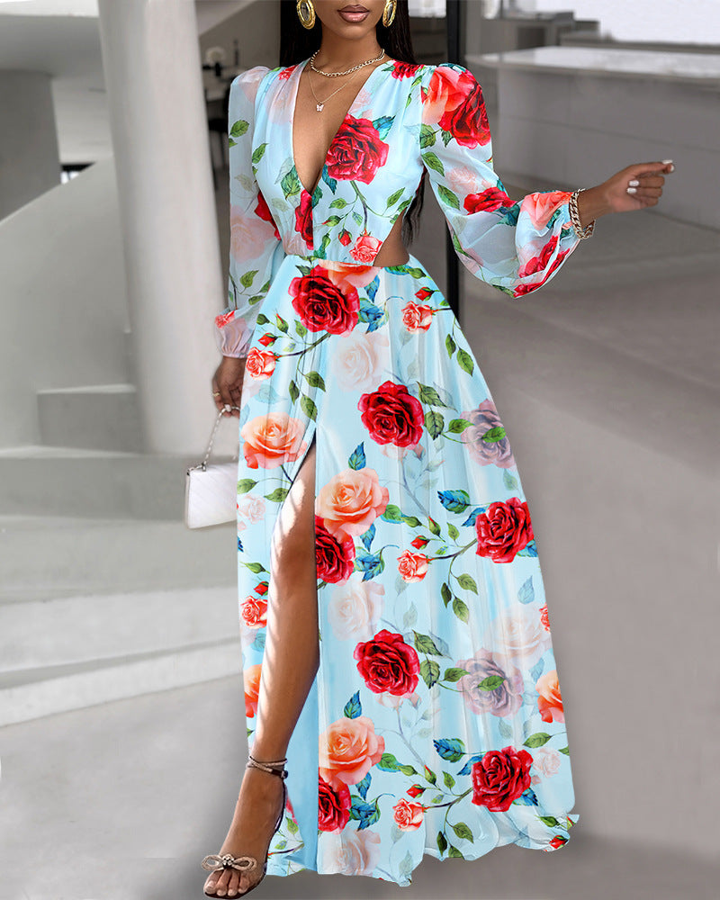 Fashion V-neck Fashion Women Hollow Out Printed Dress - ANIBEY