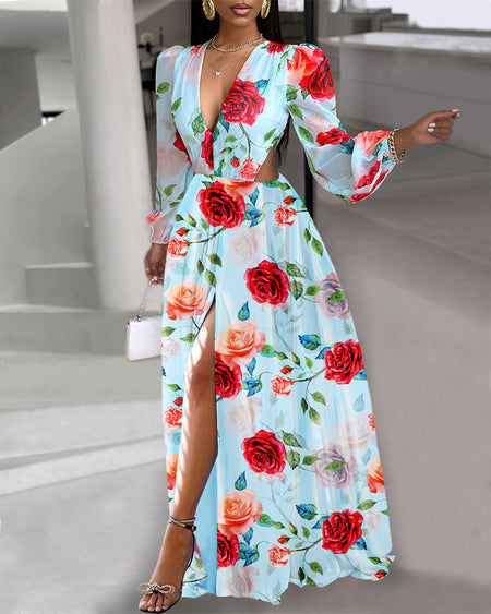 Fashion V-neck Fashion Women Hollow Out Printed Dress - ANIBEY