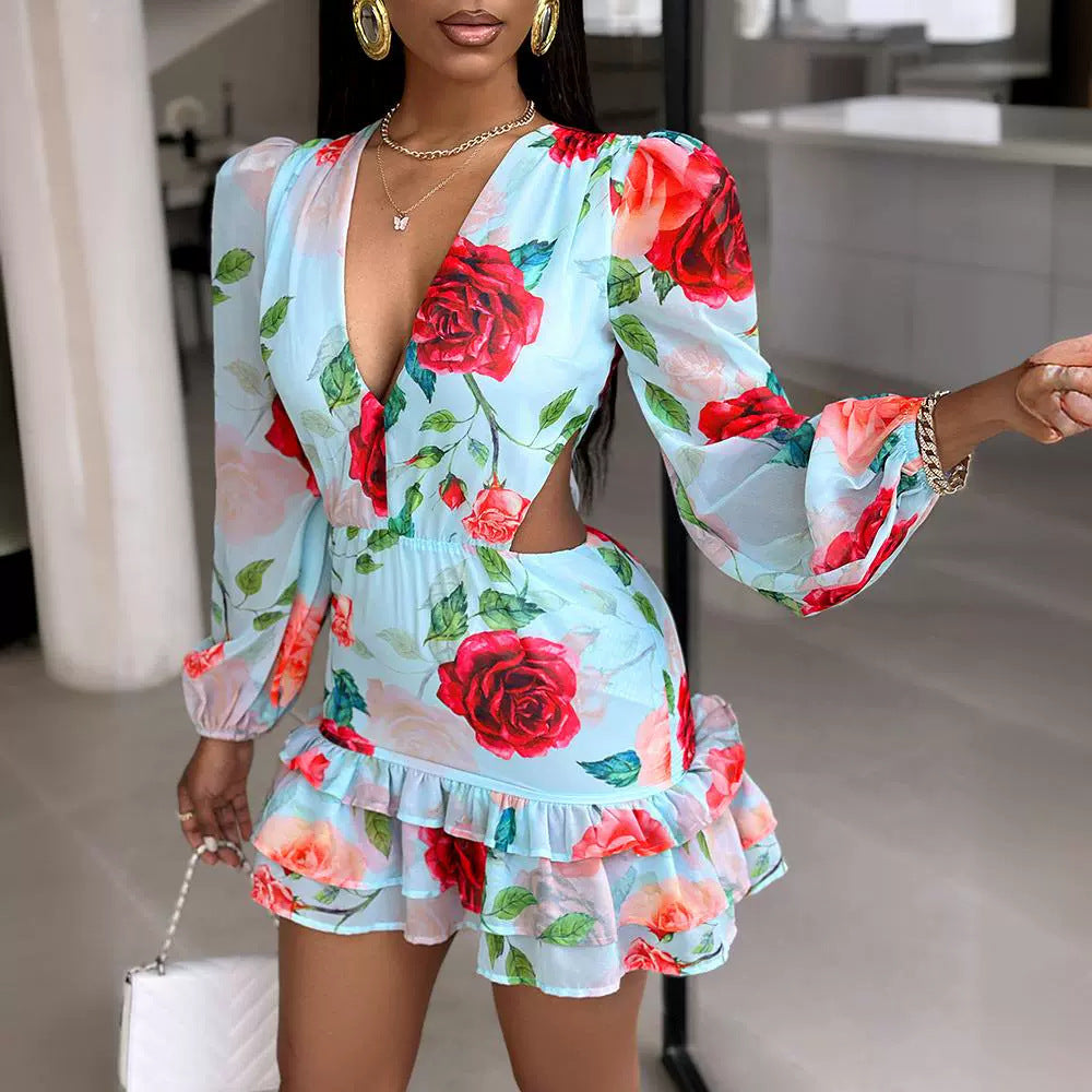 Fashion V-neck Fashion Women Hollow Out Printed Dress - ANIBEY