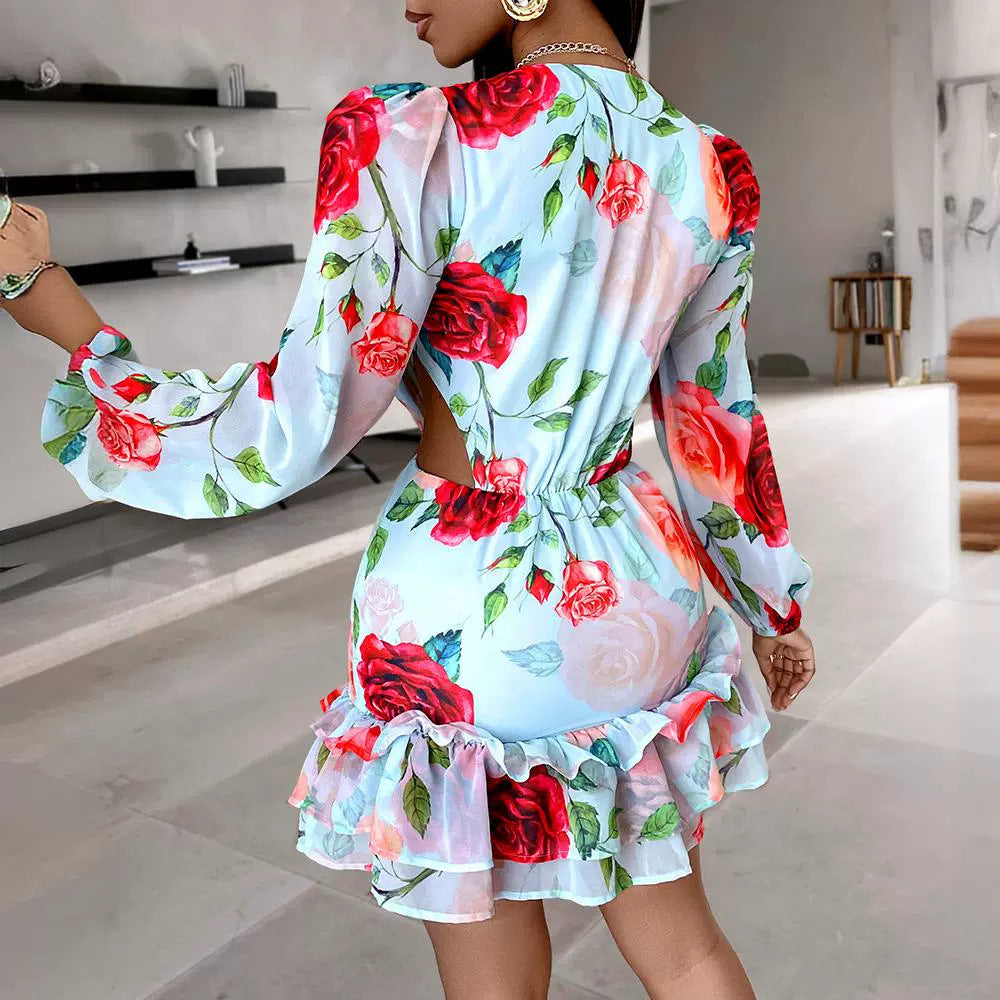 Fashion V-neck Fashion Women Hollow Out Printed Dress - ANIBEY