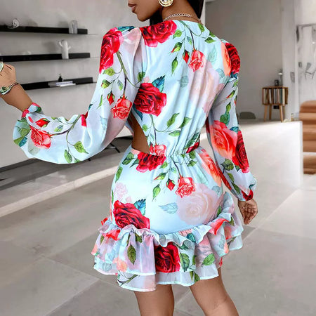 Fashion V-neck Fashion Women Hollow Out Printed Dress - ANIBEY