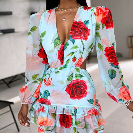 Fashion V-neck Fashion Women Hollow Out Printed Dress - ANIBEY