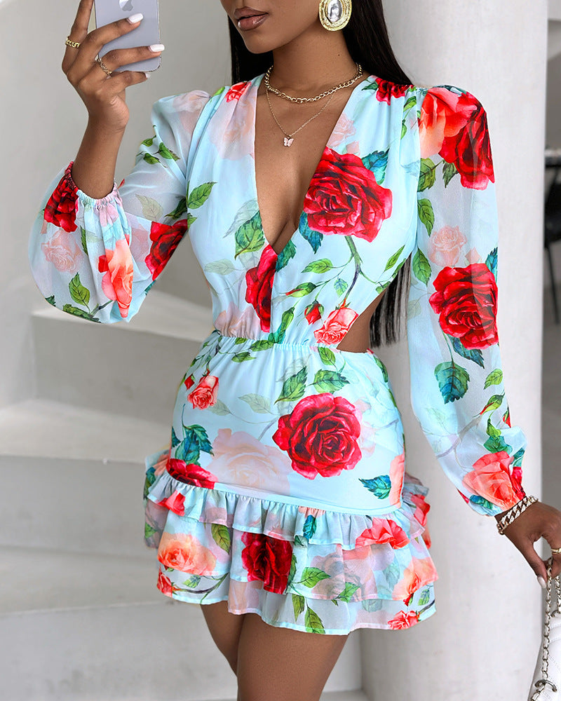 Fashion V-neck Fashion Women Hollow Out Printed Dress - ANIBEY