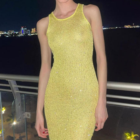 Fashionable Sleeveless Sequin Knitted Dress - ANIBEY