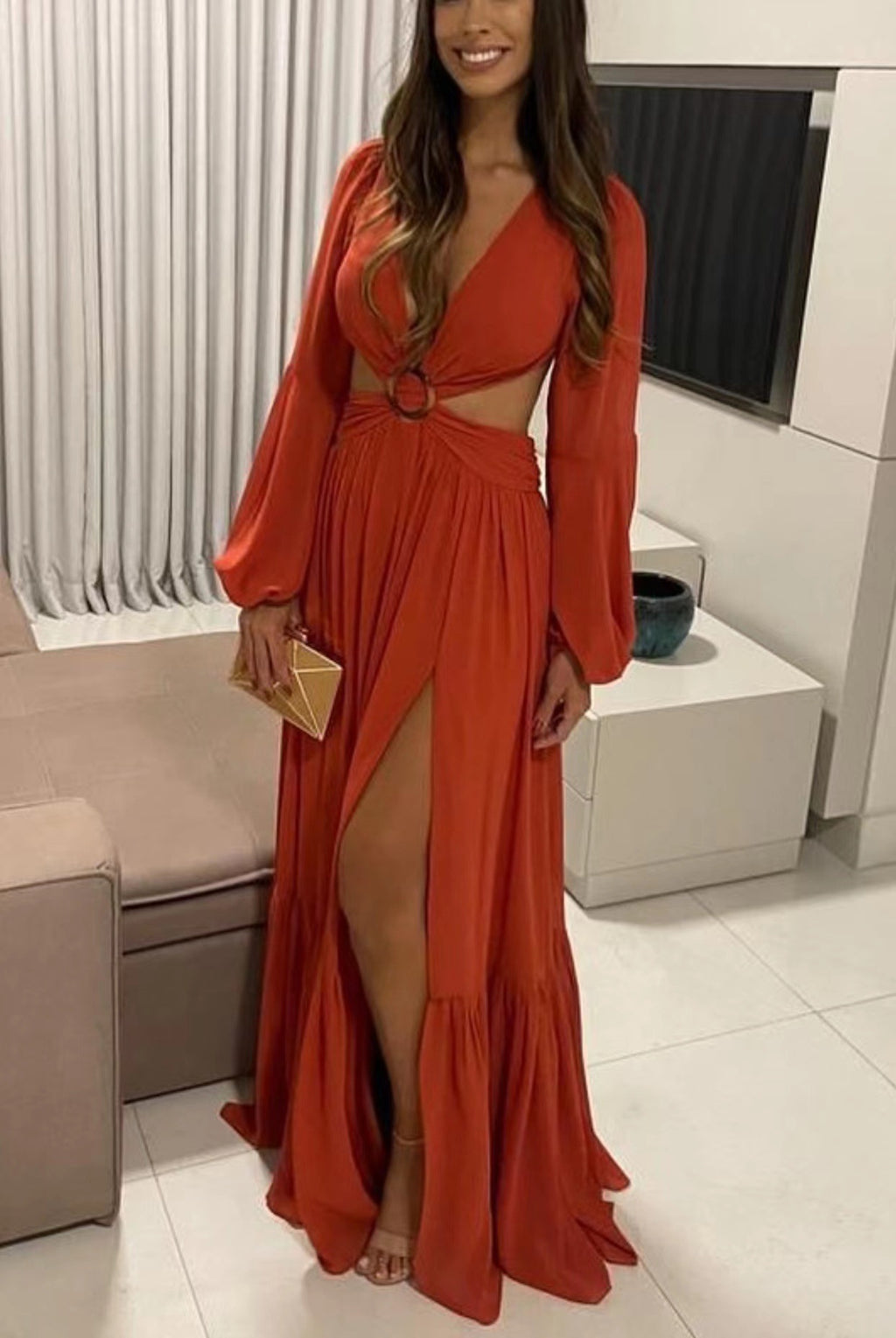 Knitted Long Sleeve Ladies Slit Dress - ANIBEY