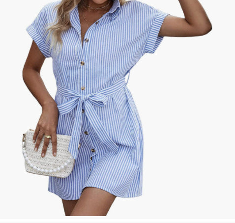 New Casual Striped Short Sleeve Button Down Belt Shirt Dress - ANIBEY