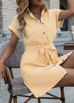 New Casual Striped Short Sleeve Button Down Belt Shirt Dress - ANIBEY