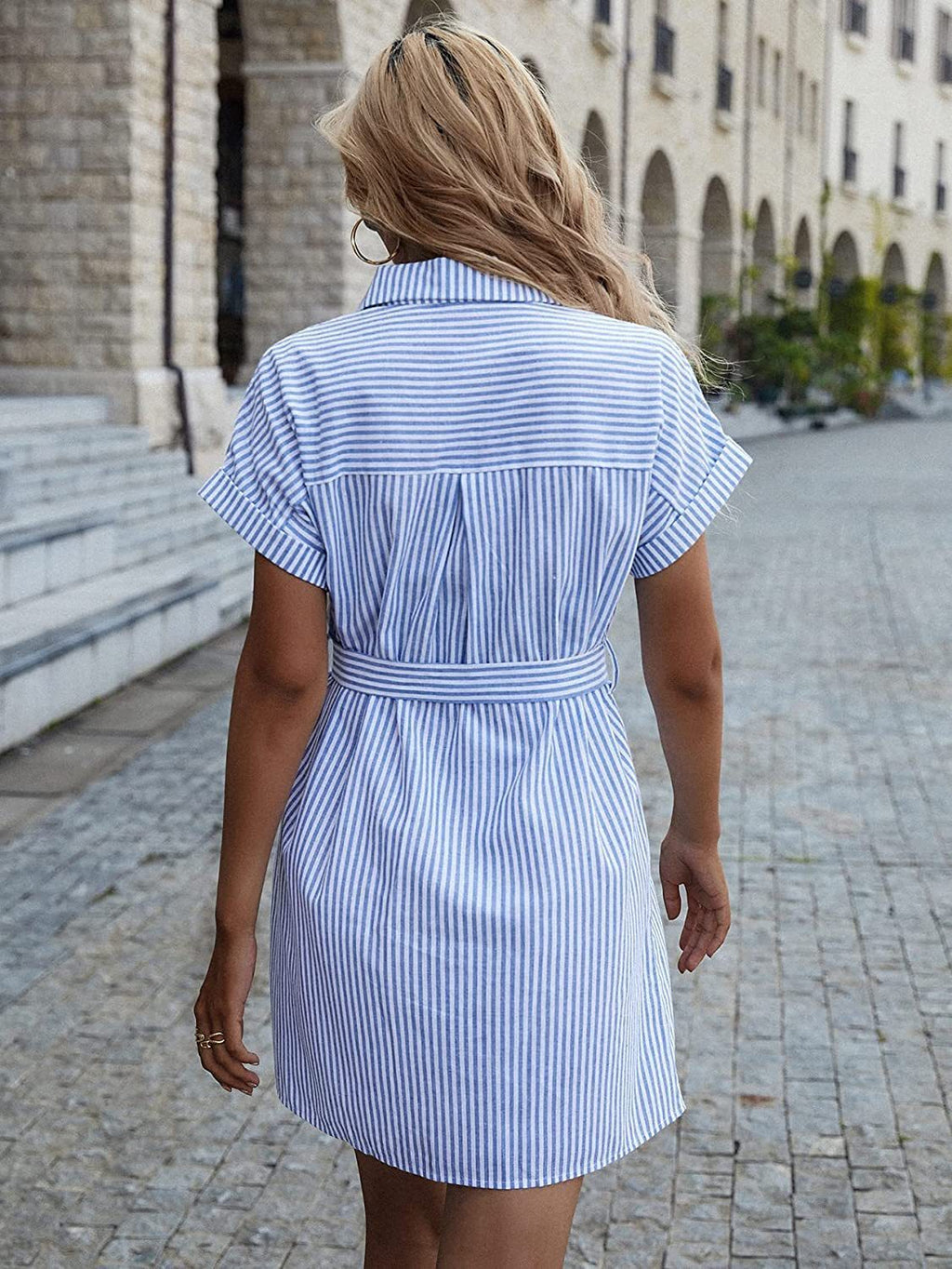 New Casual Striped Short Sleeve Button Down Belt Shirt Dress - ANIBEY