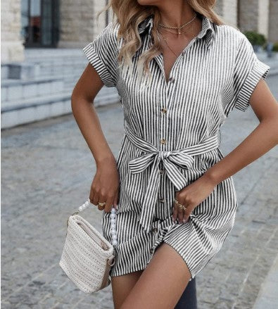 New Casual Striped Short Sleeve Button Down Belt Shirt Dress - ANIBEY