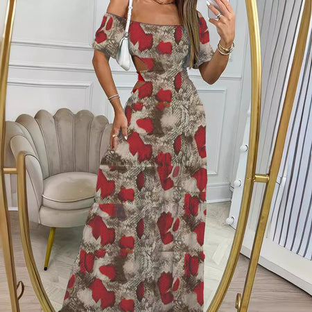 Printed One-line Collar Short-sleeved Long Dress With Hollow Waist Design Summer Vacation Dresses For Women Clothing - ANIBEY