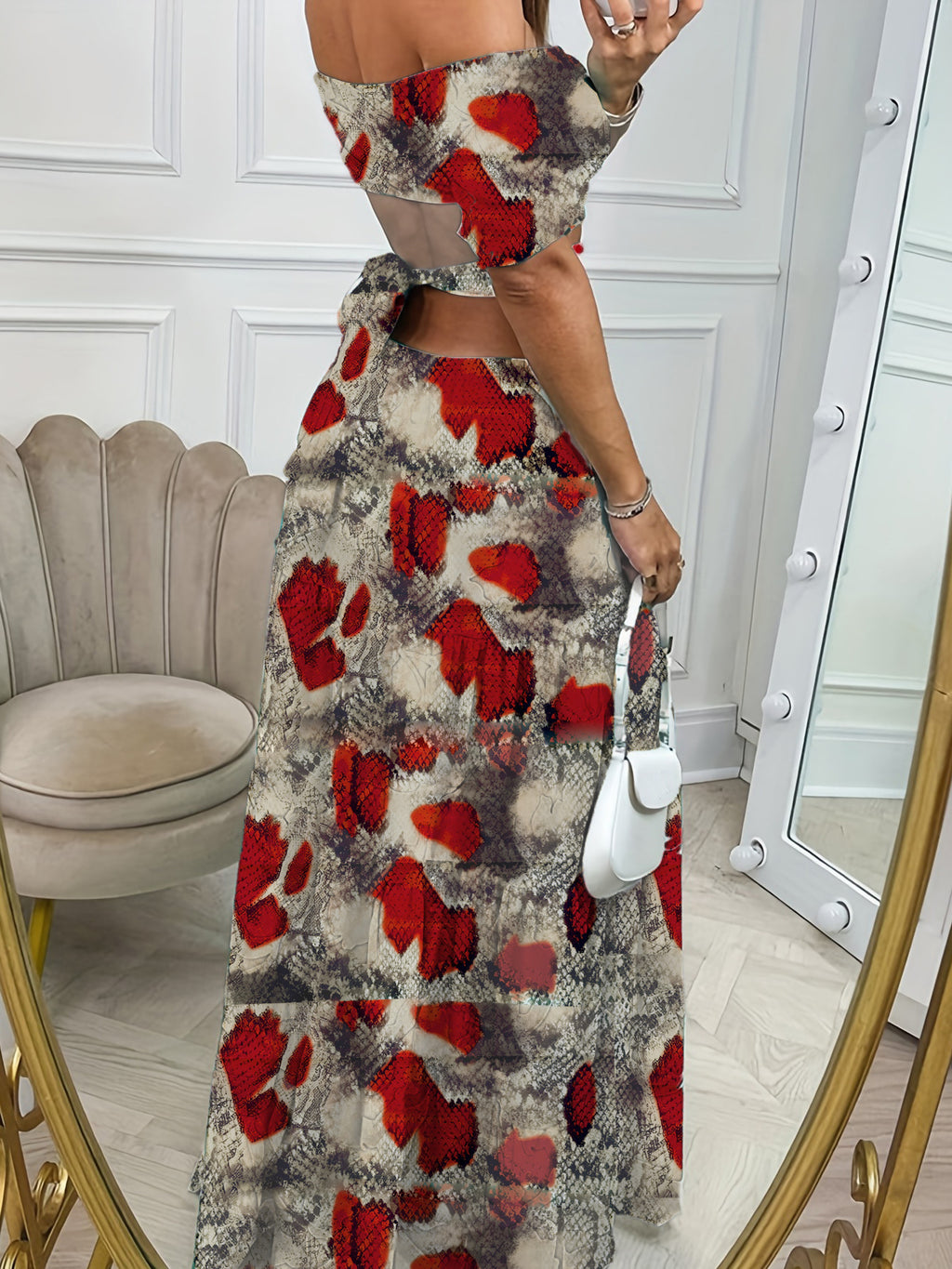 Printed One-line Collar Short-sleeved Long Dress With Hollow Waist Design Summer Vacation Dresses For Women Clothing - ANIBEY
