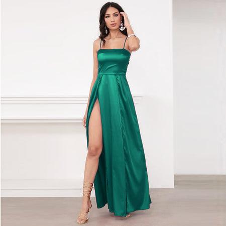 Satin Chest Wrap Backless Slit Slim Temperament Commute Solid Color Strap Type Dress - ANIBEY