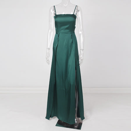 Satin Chest Wrap Backless Slit Slim Temperament Commute Solid Color Strap Type Dress - ANIBEY
