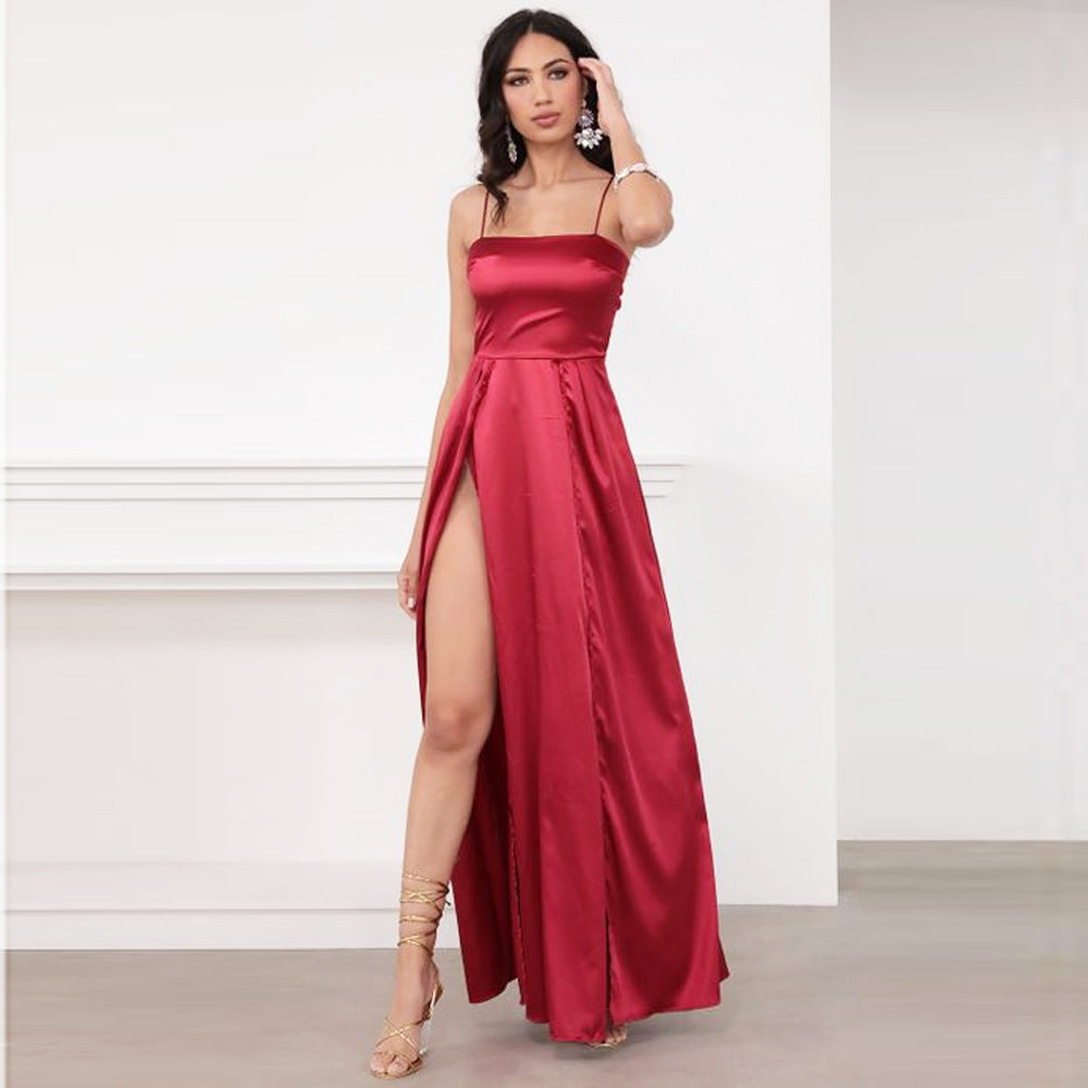 Satin Chest Wrap Backless Slit Slim Temperament Commute Solid Color Strap Type Dress - ANIBEY