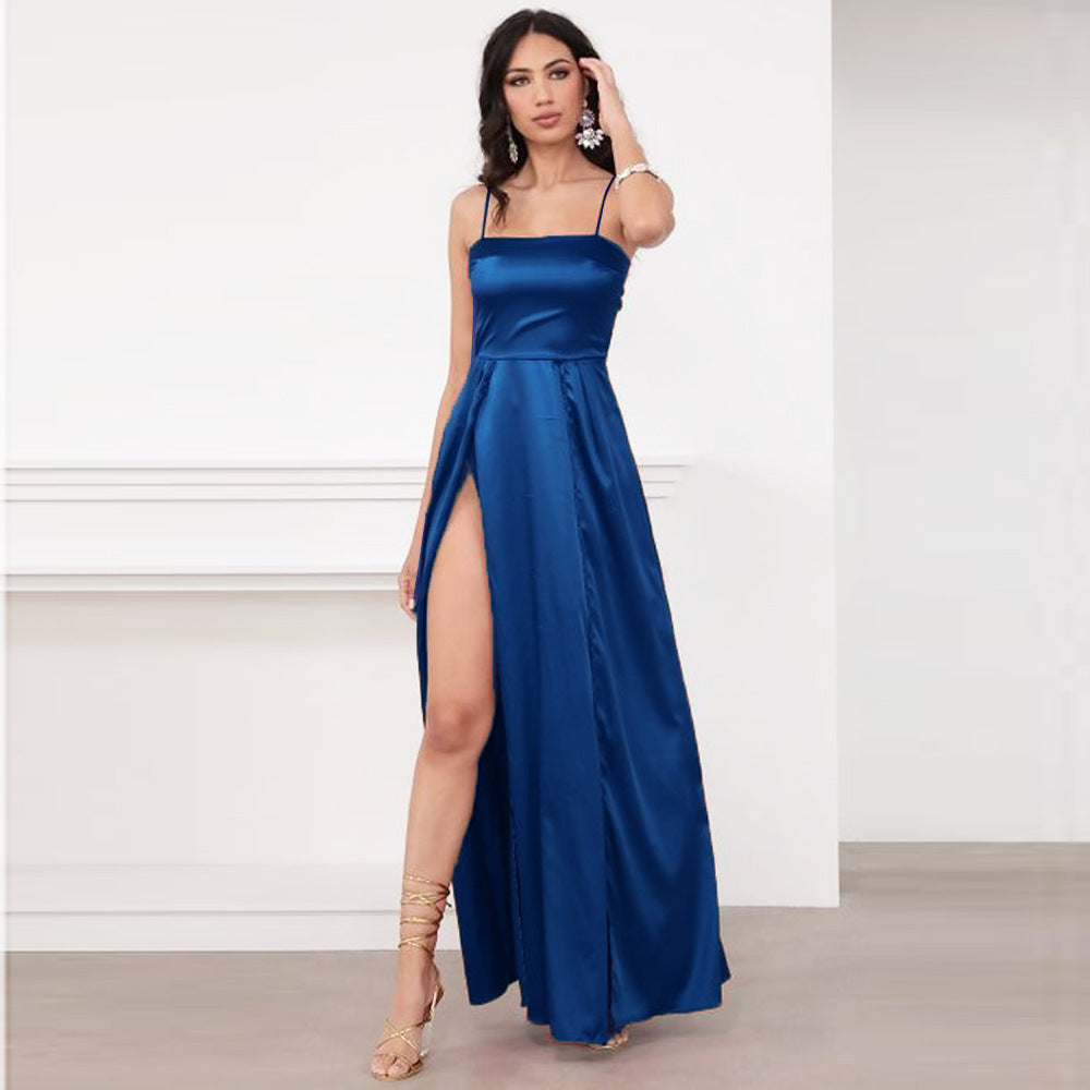 Satin Chest Wrap Backless Slit Slim Temperament Commute Solid Color Strap Type Dress - ANIBEY