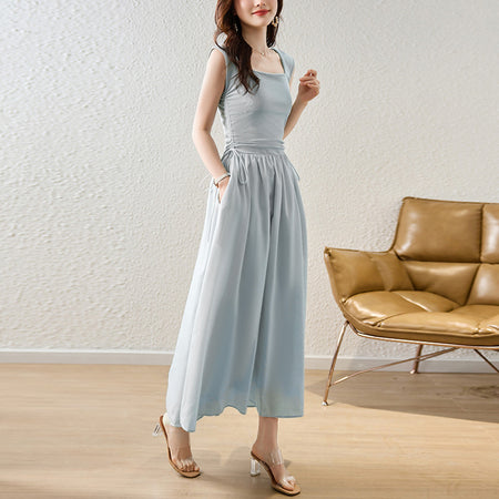 Summer Korean Style New Mori Sweet South Korea Dongdaemun Lady Square Collar Slimming Drawstring Design Vest Dress - ANIBEY