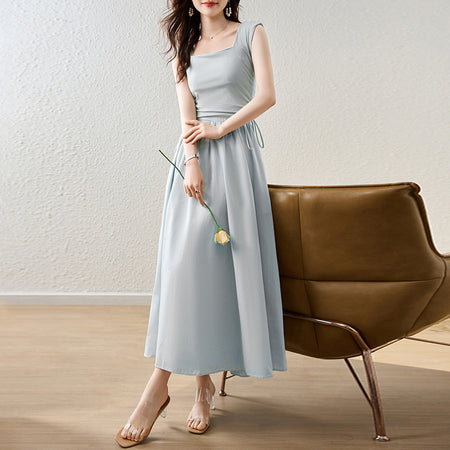 Summer Korean Style New Mori Sweet South Korea Dongdaemun Lady Square Collar Slimming Drawstring Design Vest Dress - ANIBEY