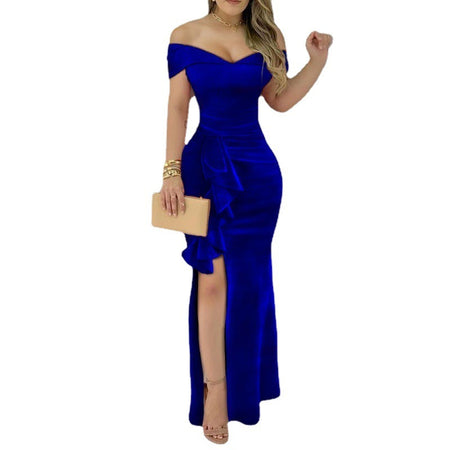 Velvet Off-shoulder Slit V-neck Ladies Dress - ANIBEY