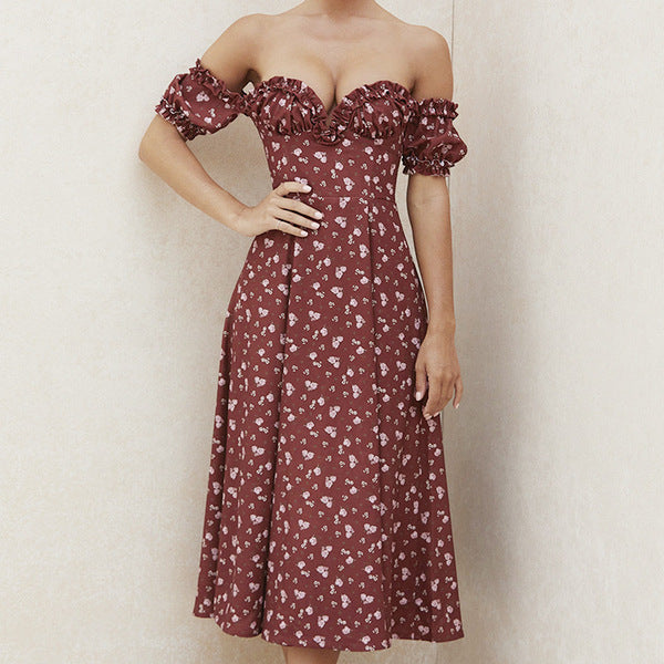 Summer Floral Print Dress Women Sexy Party Long Dresses Puff Short Sleeve - ANIBEY