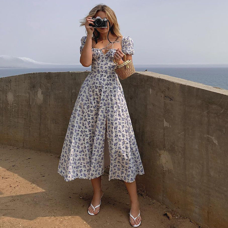 Summer Floral Print Dress Women Sexy Party Long Dresses Puff Short Sleeve - ANIBEY