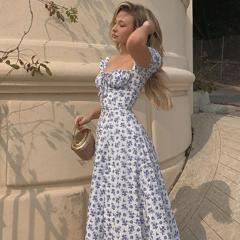 Summer Floral Print Dress Women Sexy Party Long Dresses Puff Short Sleeve - ANIBEY