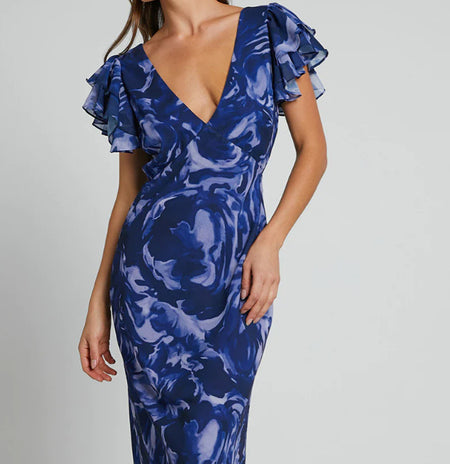 New European And American Printed Chiffon Maxi Dress Fashionable Temperament V-neck Bell Sleeve Dress - ANIBEY