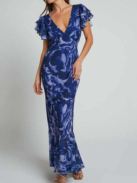 New European And American Printed Chiffon Maxi Dress Fashionable Temperament V-neck Bell Sleeve Dress - ANIBEY
